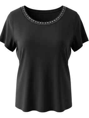 Embellished Scoop Neck Women's Top - Black